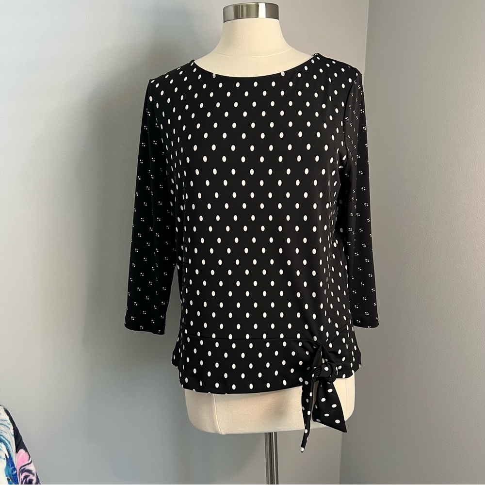 Chico's Size 2 (L/12) Black and White Polka Dots 3/4 Sleeve Tie Hem Blouse Top